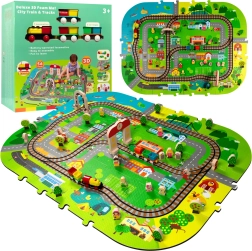 Pusinė 3D miesto kilimėlio dėlionė su baterijiniu traukinuku, bėgiais ir priedais, 56 vnt. HUMBI