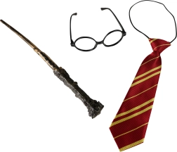 Burtininko rinkinys su akiniais, kaklaraiščiu ir lazdele