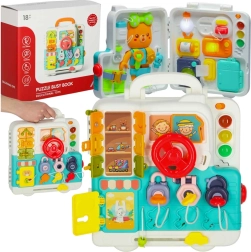 Sensorinė manipuliacinė lentelė lagamino formos su vairu ir meškučiu, šviesa ir garsu