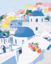Deimantinė mozaika „Mėlyni stogai Santorinyje“ 30 × 40 cm