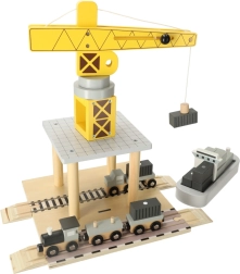 Wooden seaport with crane, ship and train