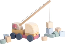 Cubika pastelinių spalvų autokranas su magnetu – medinė dėlionė iš 14 dalių