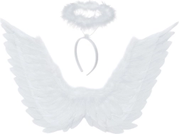 Angelų sparnai su aureole balti 70 × 45 cm