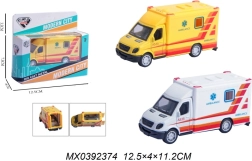Metalinis greitosios pagalbos automobilio modelis su inerciniu (pull back) pavara ir atidaromomis durimis