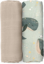PETITE&MARS bamboo muslin towels Misty Whale Song 2-in-1, 120 × 120 cm - 2 pcs