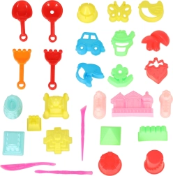 Smėlio rinkinys vaikams – semtuvėliai, grėbliai ir formelės, 28 dalys