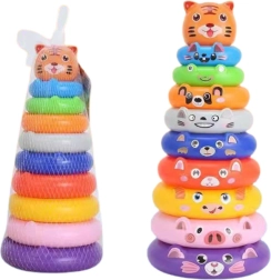 Spalvinga dėliojama piramidė su žiedais ir gyvūnėlių lipdukais – tigras