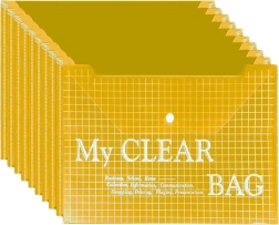 Transparent A4 document envelope with snap button, yellow – 20 pcs