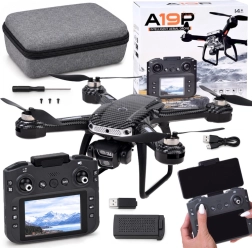 RC dronas A19P su HD kamera, pultu su ekranu ir kliūčių vengimu