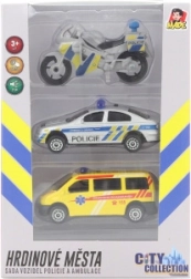 City Collection rinkinys: policijos motociklas, policijos automobilis ir greitoji su šviesa ir garsu
