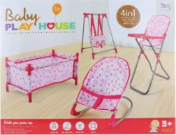 Lėlių rinkinys 4 viename su lovyte, supyne, gultu ir maitinimo kėdute