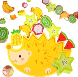 Montessori pusiausvyros žaidimas iš medžio – ežiukas su veriamosiomis vaisių kaladėlėmis