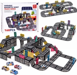 Magnetic Road Track Construction Set with 168 Pieces, 4 Cars and Traffic Signs