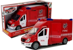 Gaisrinės automobilis su inercija, šviesomis ir garsais, atidaromos durys