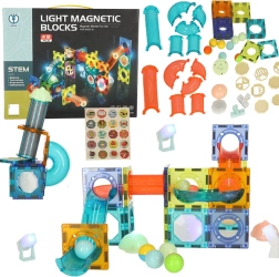 Magnetiniai statybiniai kaladėlės su šviečiančiu rutuliukų trasa – 49 vnt.
