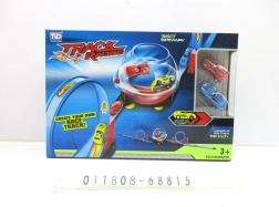 Dual-lane racing track with transparent ball for kids 3+ – 28-piece building set, 2 pull-back cars