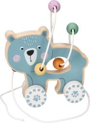 Medinė tempiama žaislinė meškutė su karoliukų labirintu