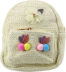 Children's Backpack Cream with Embroidery and Colorful Pom Poms