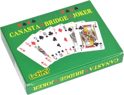 Playing cards for Canasta in a paper box