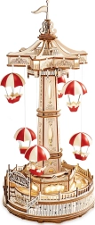 Wooden 3D puzzle music box – parachute carousel with LED lighting