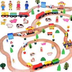 Medinis traukinio bėgių rinkinys su lokomotyvu ir figūrėlėmis