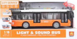 Oranžinis žaidžiantis ir šviečiantis troleibusas su baterijomis