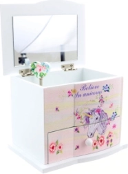 Medinė muzikinė papuošalų dėžutė su vienaragiu, veidrodėliu ir stalčiuku