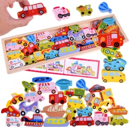 Didelis medinis transporto priemonių abėcėlės rinkinys – 27 dalys, dėlionė ir rūšiavimas