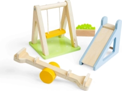 Bigjigs Toys medinis lauko žaidimų aikštelės rinkinys lėlių nameliui