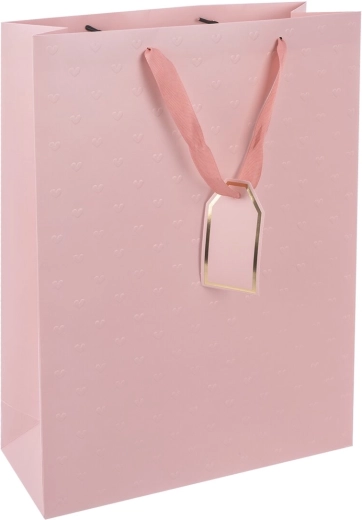 Pink gift paper bag with embossed hearts 30.5 × 12 × 42 cm