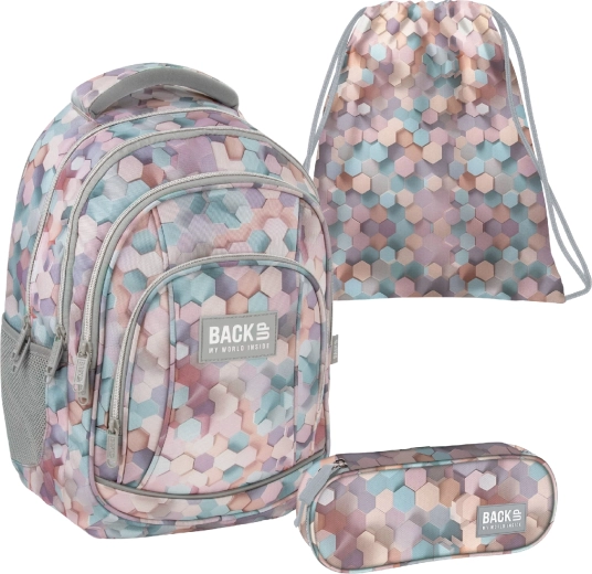 Mokyklinis rinkinys BackUP Geometric Beige 3v1 – kuprinė, penalas ir maišelis