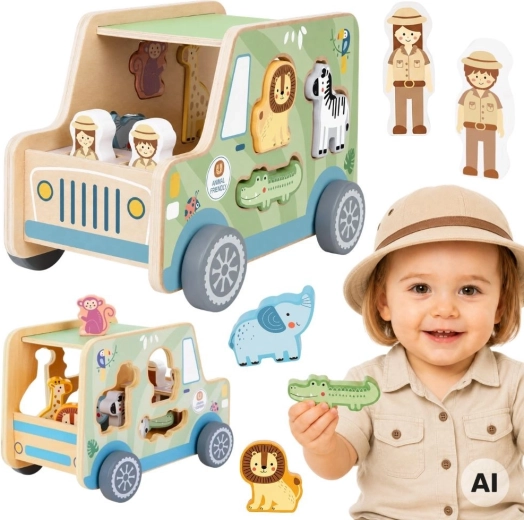 Wooden safari car with shape-sorting animals Tooky Toy