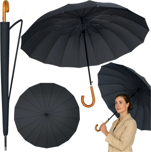 Didelis automatinis skėtis su medine rankena, 24 stipinai, 115 cm, juodas