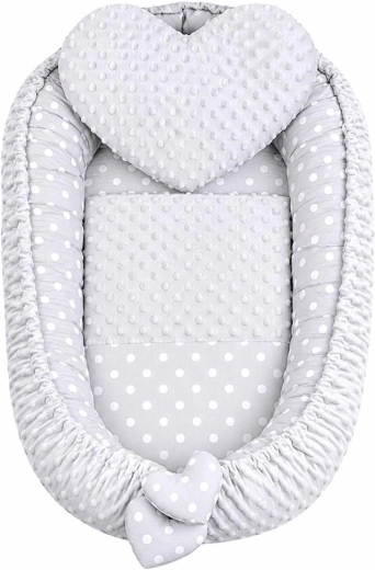 New Baby prabangus dvipusis lizdelis kūdikiui su pagalvėle ir antklodėle Minky širdelė pilka