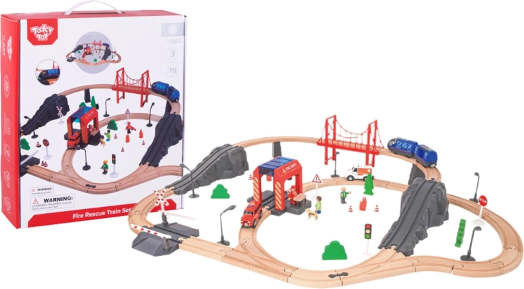 Medinis traukinių rinkinys „Gaisrininkai ir greitoji pagalba“ 70 dalių – TOOKY TOY
