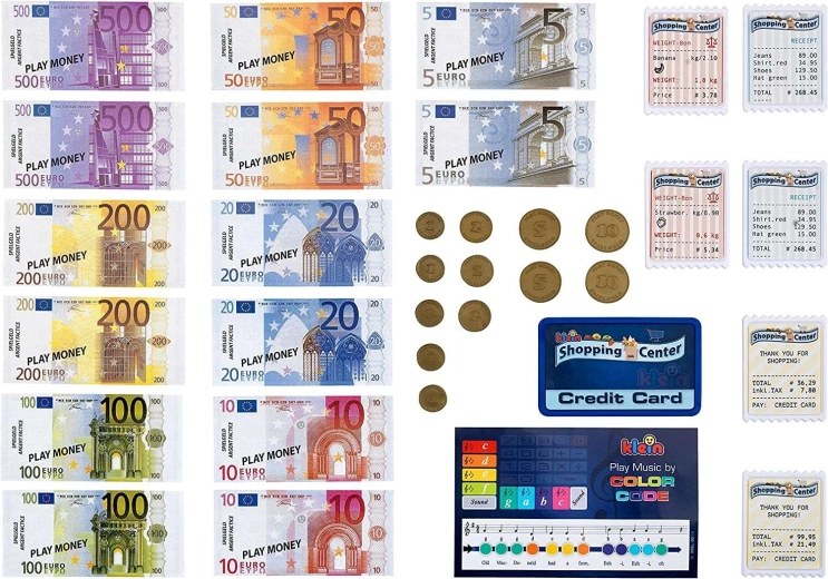 Euro monetos, banknotai ir kvitai mokymuisi ir pramogai