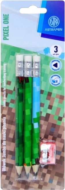 Trikampiai HB pieštukai su drožtuku ASTRA Pixel One, 3 vnt.
