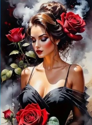 Deimantinė mozaika „Moteris su rožėmis“ 30 × 40 cm