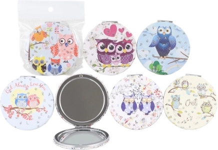 Foldable round compact mirror with owls 7 cm - 1 piece