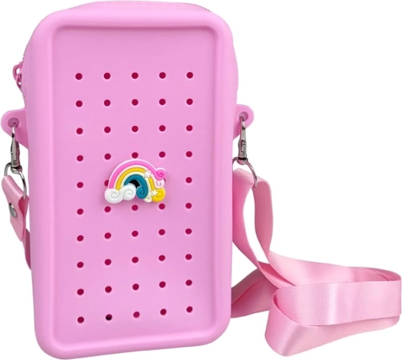 Gifty rožinė silikoninė crossbody rankinė su dekoratyviniu ženkliuku