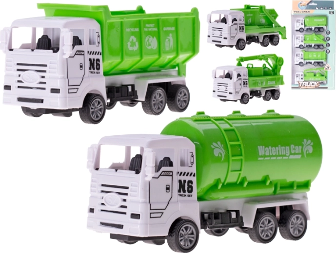 Šiukšliavežių automobiliukų rinkinys su atbulinės eigos mechanizmu 13 cm, 4 vnt.
