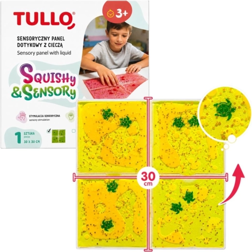 Tullo geltonu skysčiu užpildytas sensorinis lytėjimo skydelis