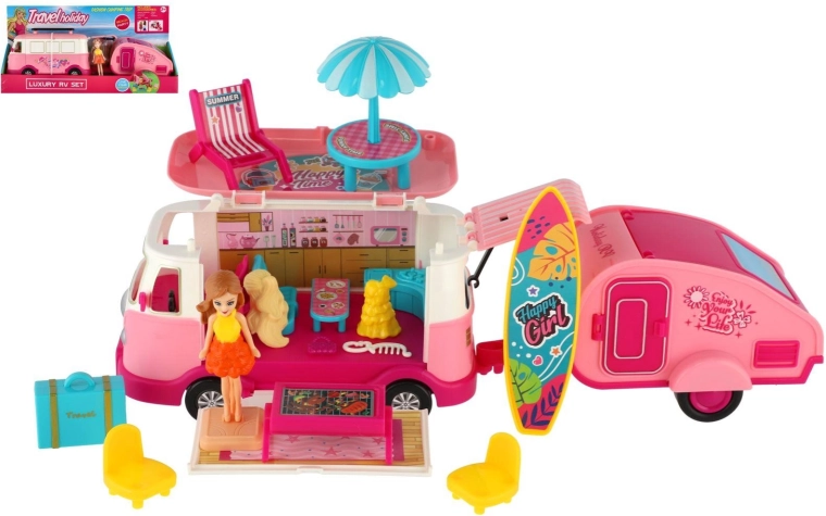 Retro camper van with trailer, doll and accessories