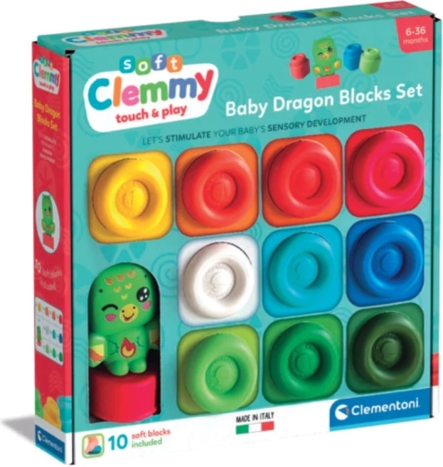 Minkšti statybiniai kubeliai SOFT CLEMMY 10 vnt. su drakoniuko figūrėle