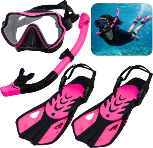 Nardymo su kauke, snorkeliu ir plaukmenimis rinkinys juodai rožinis S/M (EU 37–41)