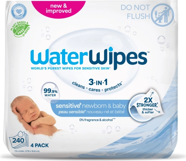 WaterWipes drėgnos servetėlės naujagimiams ir kūdikiams Newborn & Baby 3in1, 4×60 vnt. (240 vnt.)