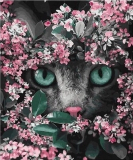 Deimantinė mozaika – kačiukas gėlėse 30 × 40 cm