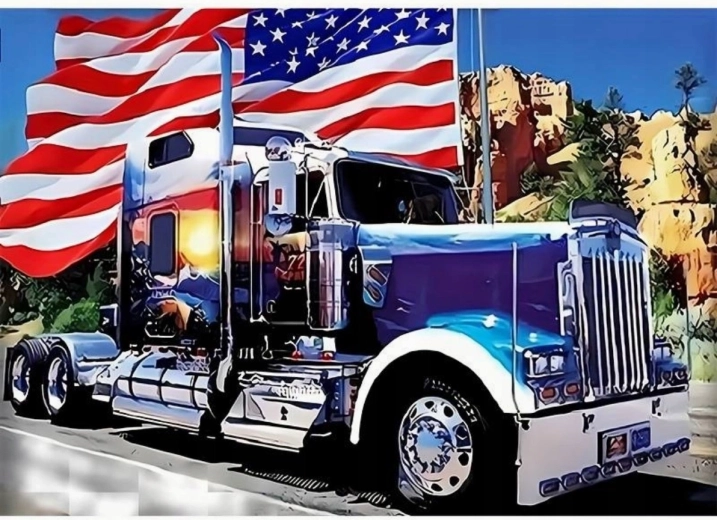 Deimantinė mozaika „Amerikietiškas automobilis su vėliava“ 30 × 40 cm