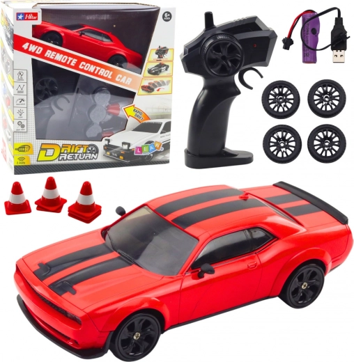RC drift automobilis 4WD su keičiamais ratais – raudonas