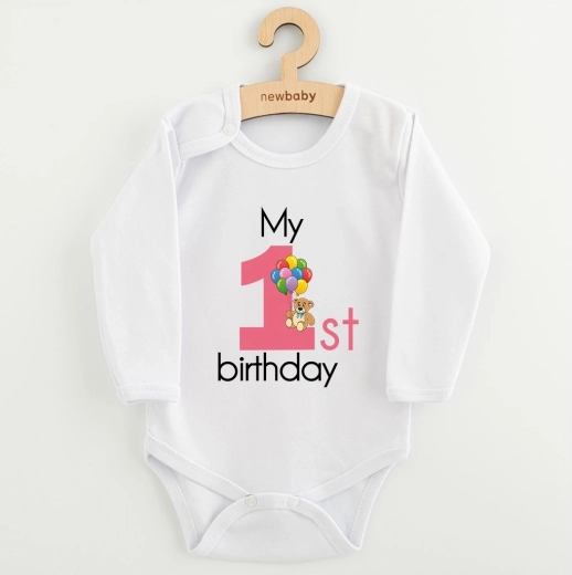 Vaikiškas smėlinukas su spauda New Baby My First Birthday rožinis, dydis 86 (12–18 mėn.)
